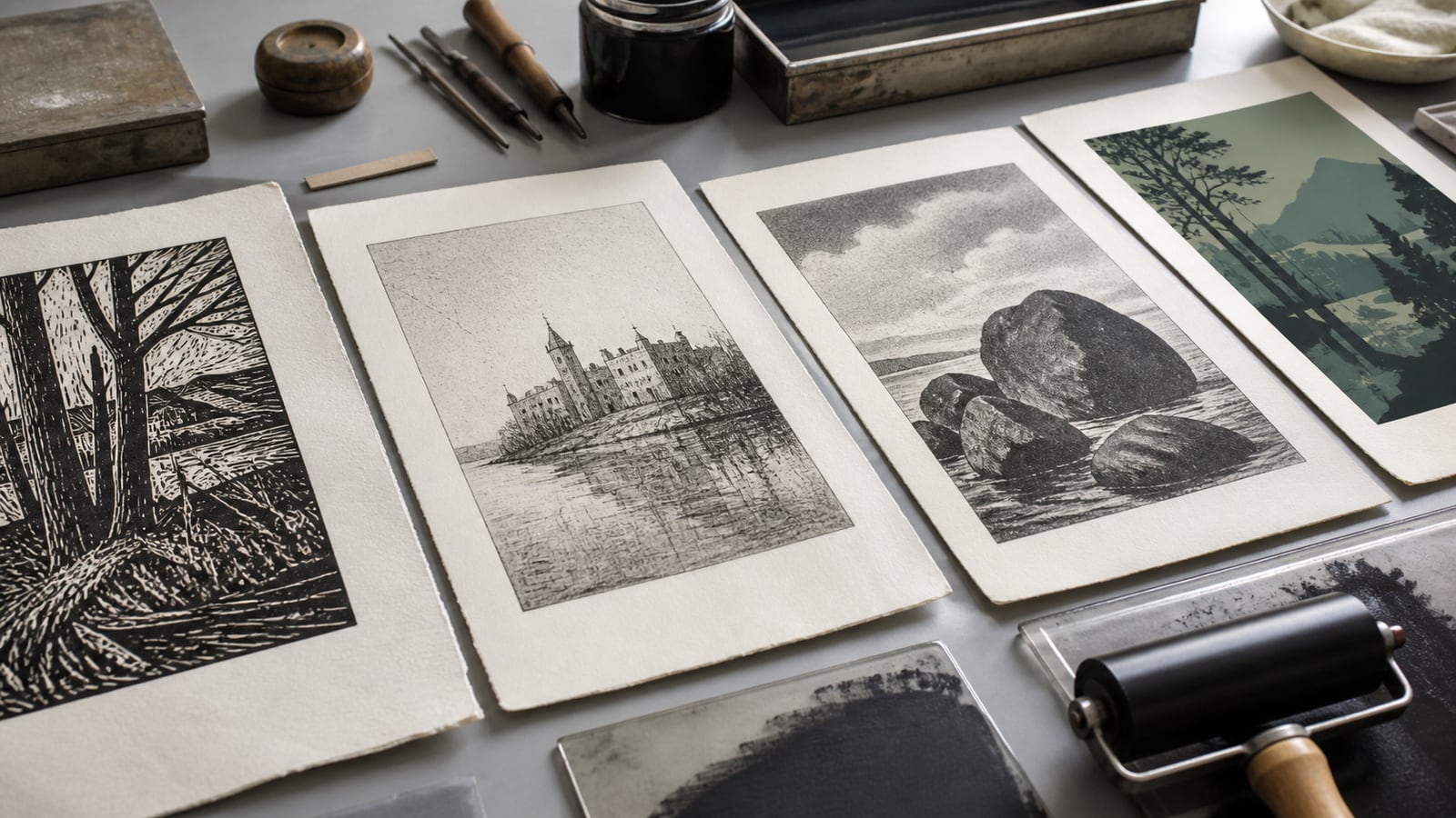 Verschillende schilderijlijsten in een museumstudieruimte
